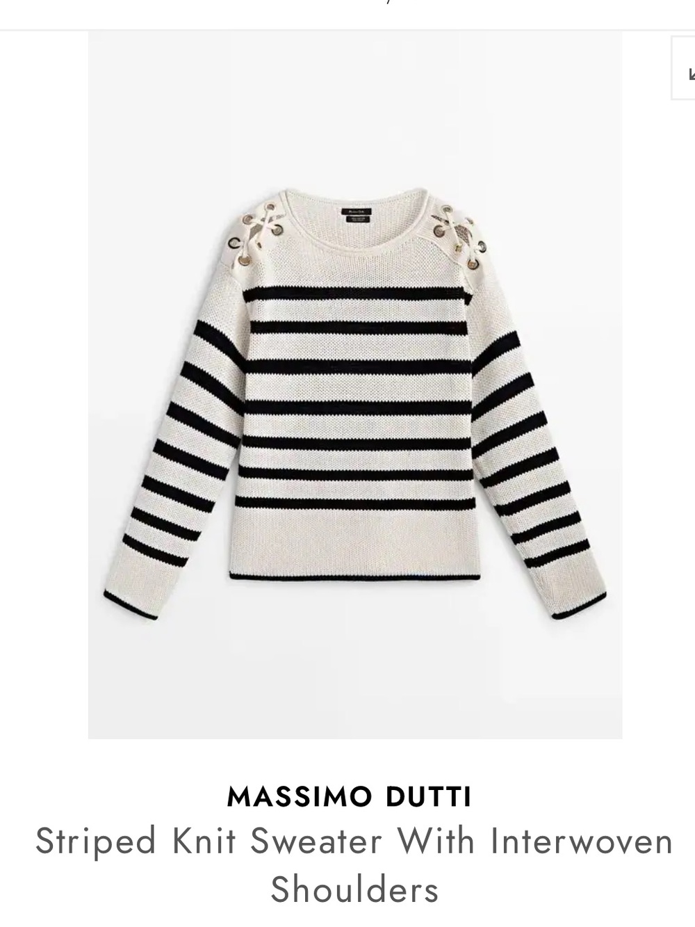 NWOT Massimo Dutti Striped Crewneck Sweater with Lace-Up Shoulders XS
